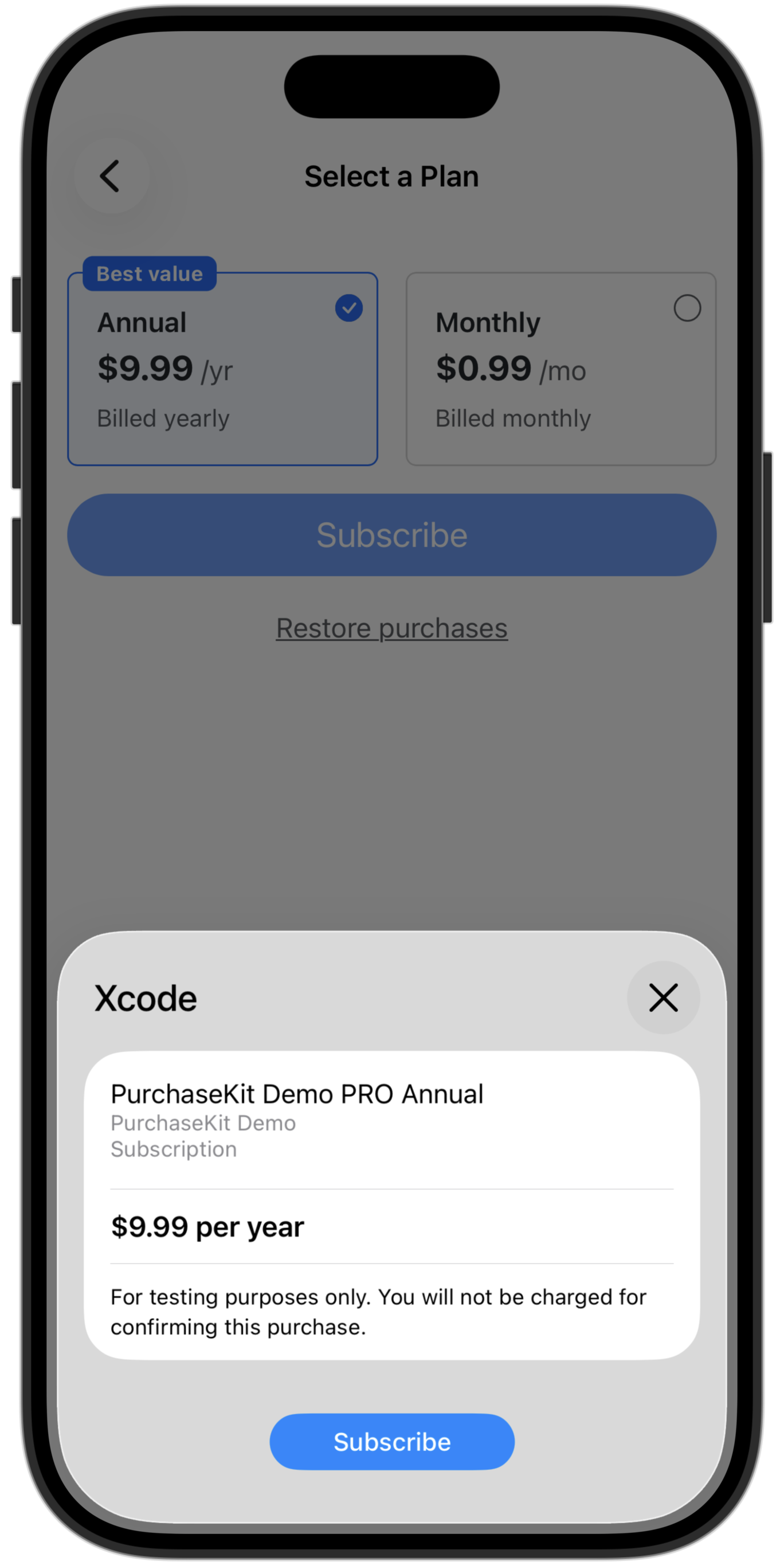 PurchaseKit demo showing native StoreKit purchase flow