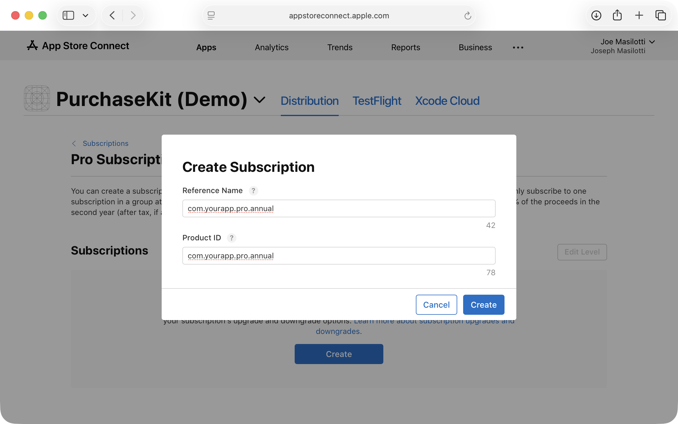 Creating a new subscription with product ID