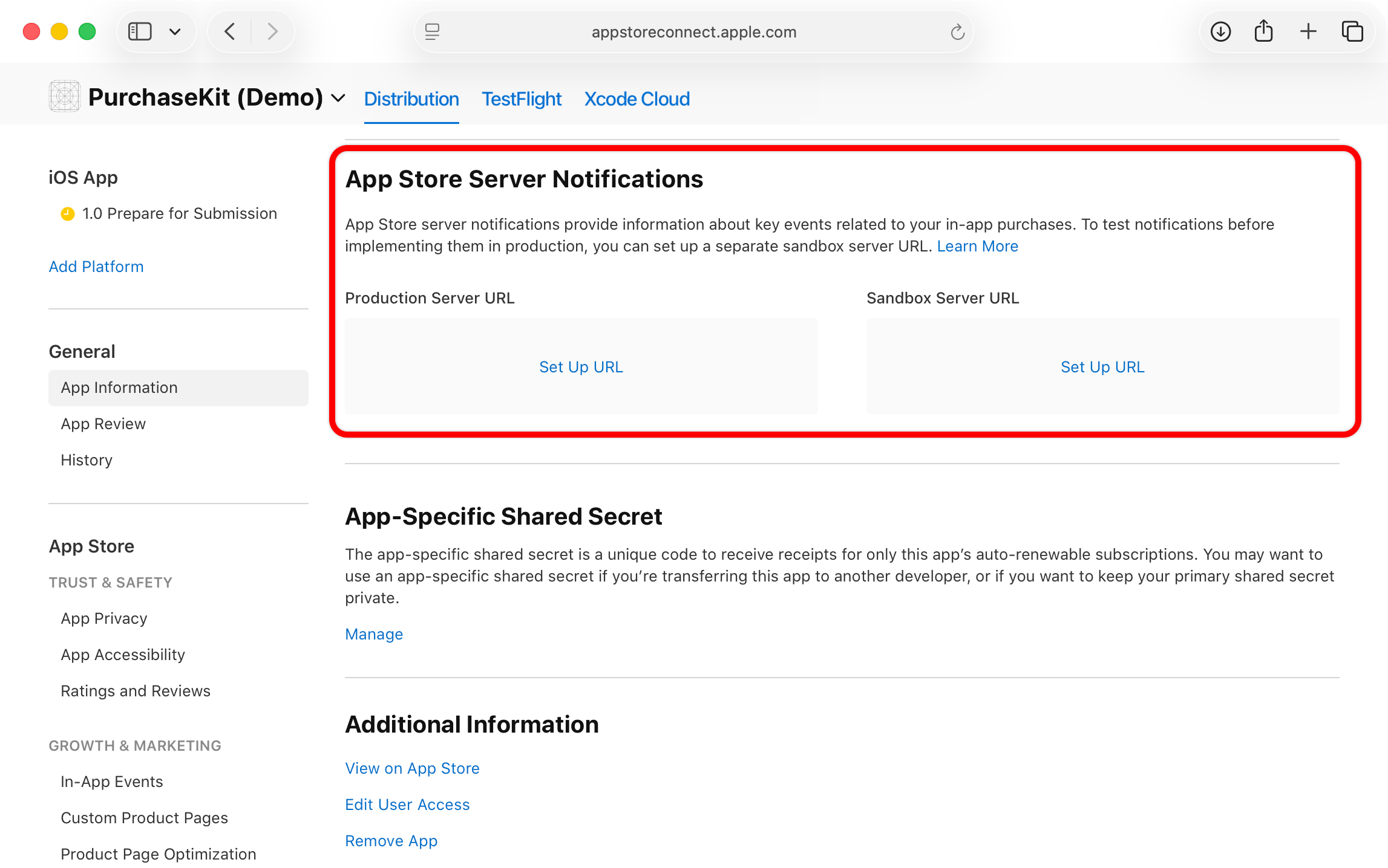 The App Store Server Notifications section in App Information